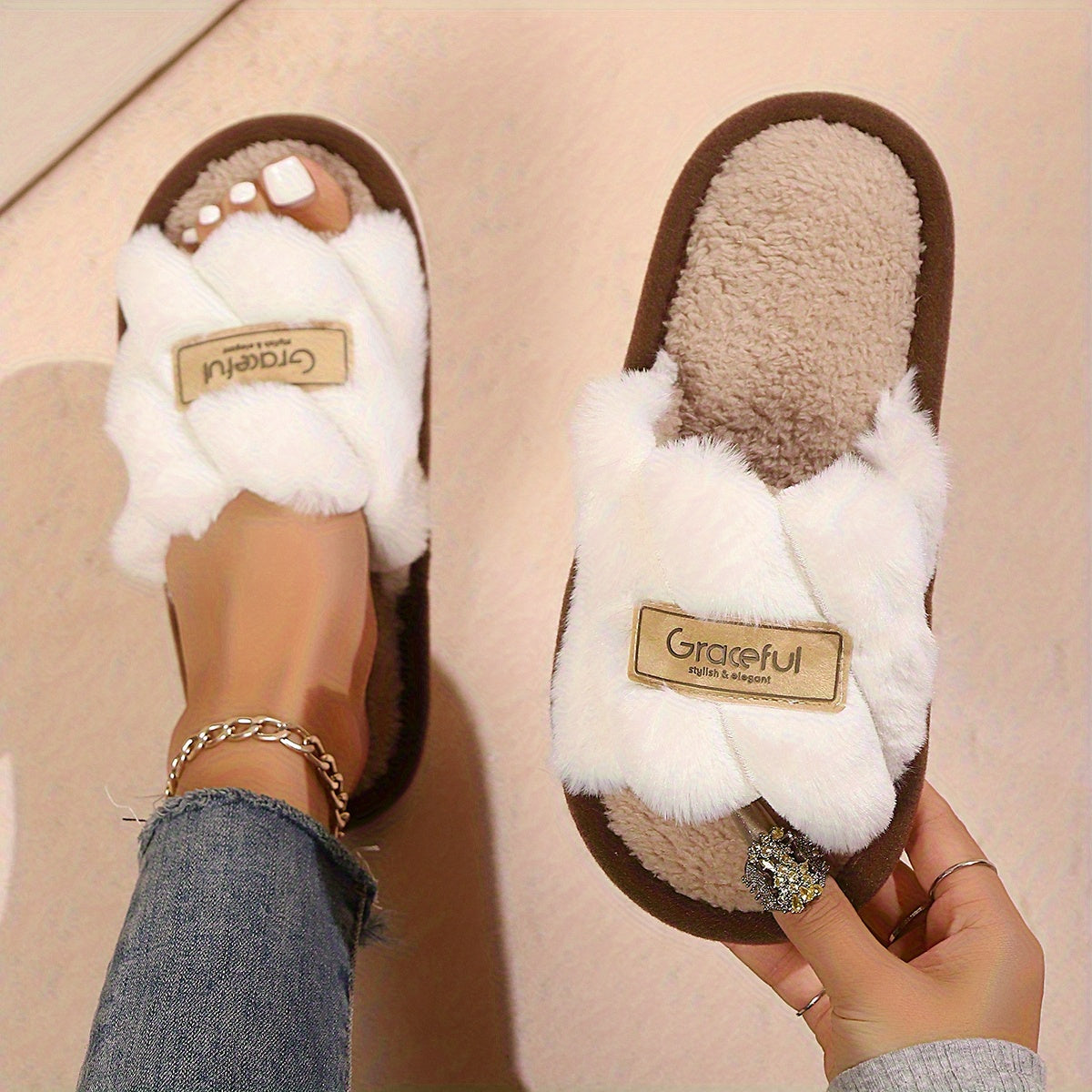 Women's Fluffy Faux Fur Open-Toe House Slippers Soft PVC Sole Indoor Footwear