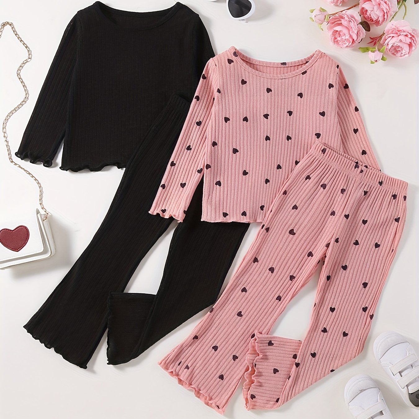 Conjunto de ropa de punto para niñas con bordes con volantes en poliéster negro y rojo para primavera y otoño