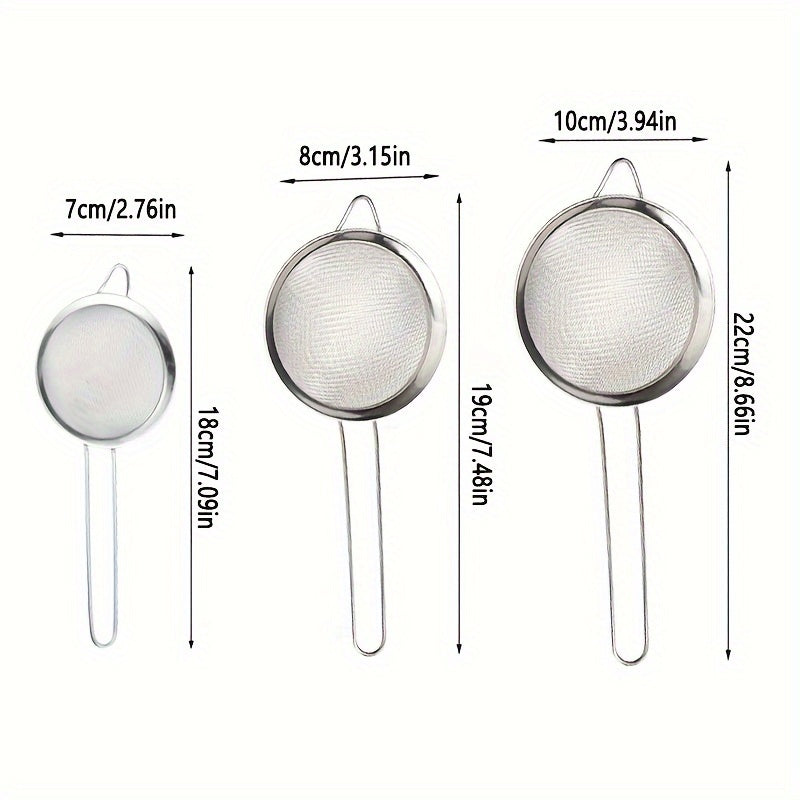 Set of 3 Stainless Steel Fine Mesh Strainers for Sifting Flour and Straining Oil