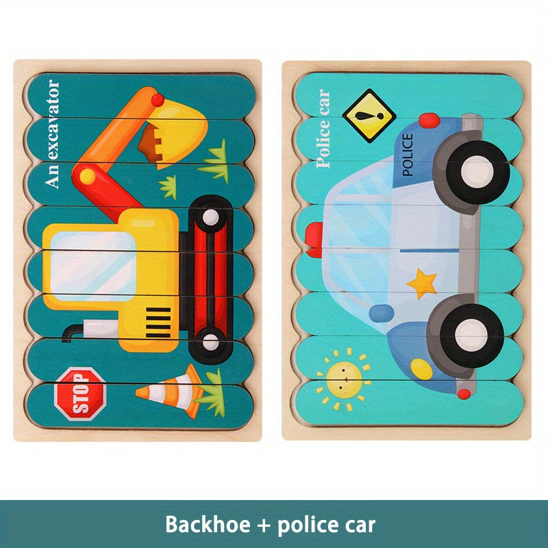 Bolalar uchun ijodiy erta ta'limga mo'ljallangan yog'och lentali jumboq: Ikki tomonlama taxtalarda multfilm hayvon hikoyalari va transport/meva mavzulari - Qiziqarli va ta'lim beruvchi o'yinchoq.