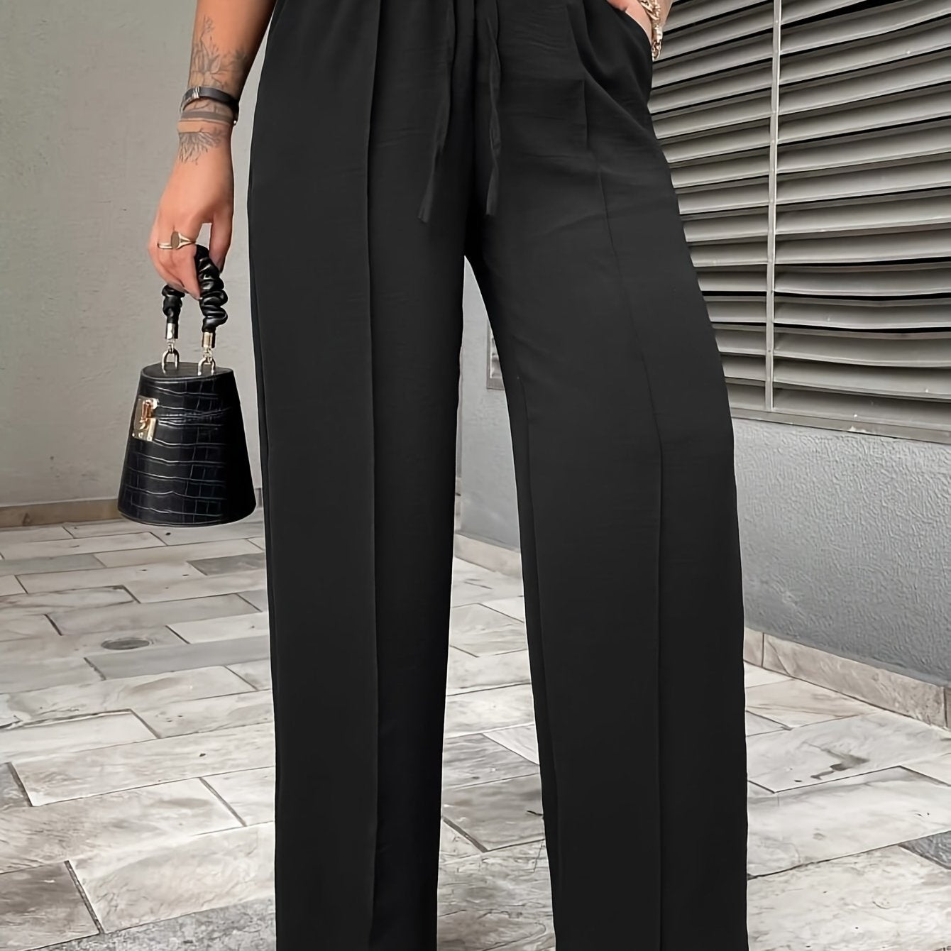 Women's Plus Size Casual Pants with Elastic Waist Pockets Solid Color