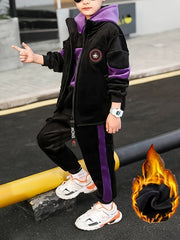 Boys Winter Three-Piece Set Hoodie Vest Pants Casual Sporty Warm Velvet for Medium to Large Children