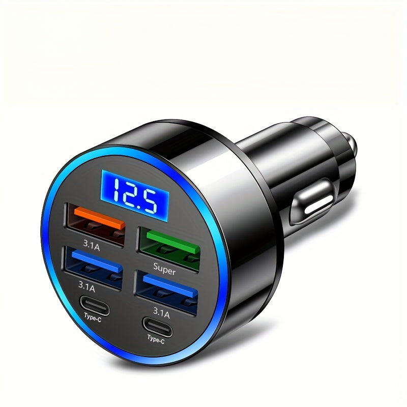 QC3.0+3.1A Dual-PD Avtomobil Zaryadlovchisi 12.5V Ko'rsatkich bilan - Oltita USB Portgacha, Mobil Qurilmalar uchun Super Tez Zaryadlash, Siqilgan va Zamonaviy Dizayn