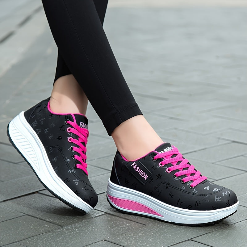 Women's Letter Print Rocker Sneakers Lace-Up Platform Casual Shoes