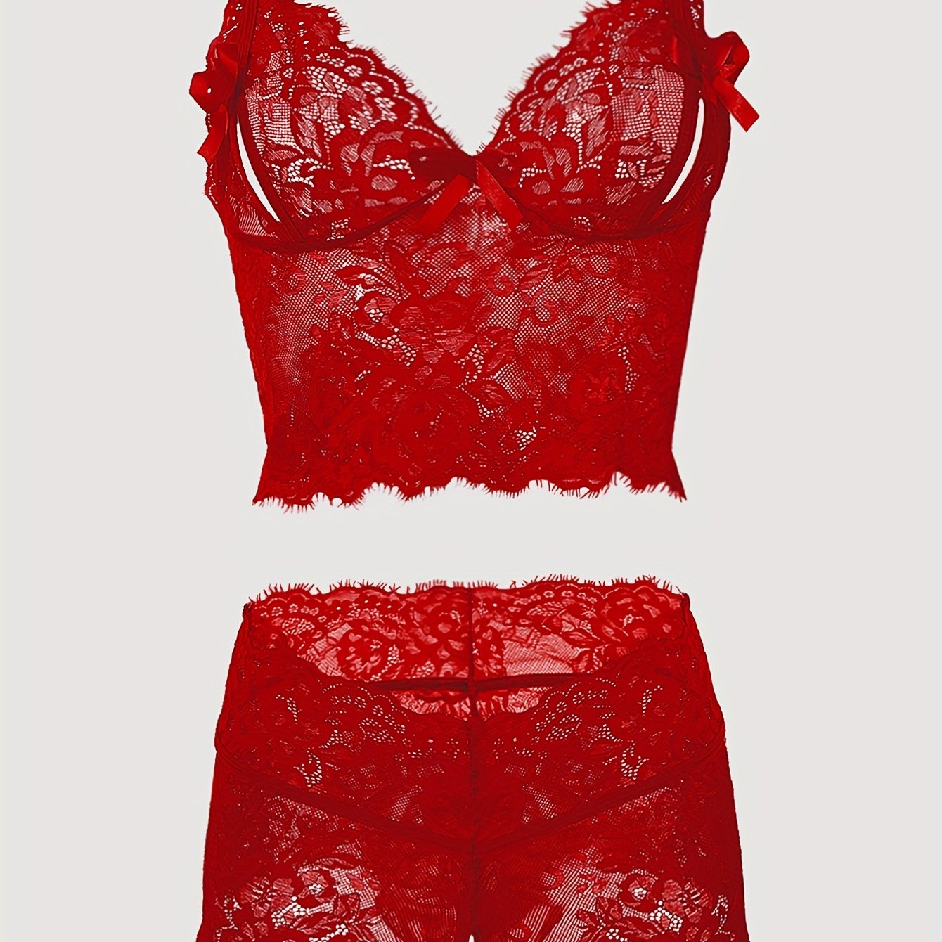 Gul to'quvli ichki kiyim to'plami, bog'ichli brassiyer va ochiq qorinli shortiklar