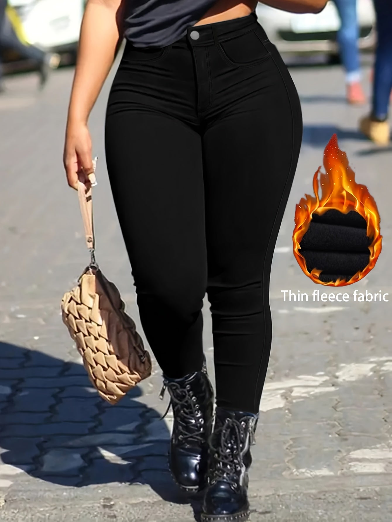 Women's Plus Size Fleece-Lined Slim Fit Jeans Warm Winter Solid Color