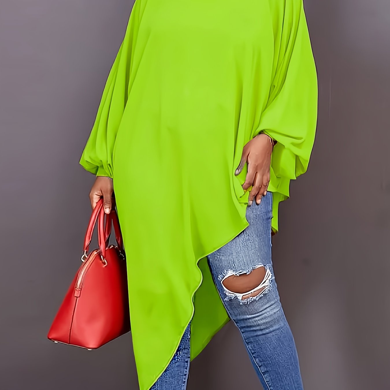 Plus Size Knit Top Asymmetrical High Stretch Yellow Casual Allseason