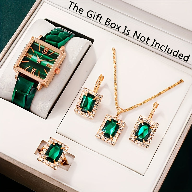 5 ta ayollar uchun vintage kvadrat kvarts soatlari to'plami, PU charm bilan taqilgan va sintetik toshli zargarlik buyumlari bilan