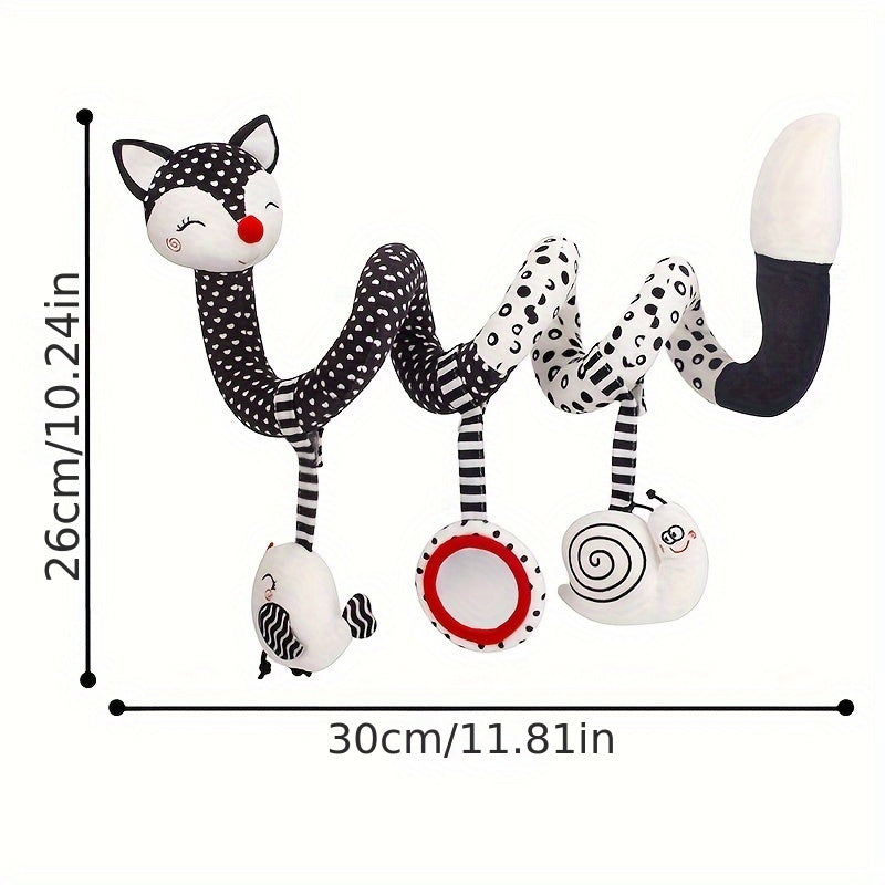 Baby Plush Toy Spiral Pendant with Black and White Cartoon Fox for Stroller and Soothing Baby Gift