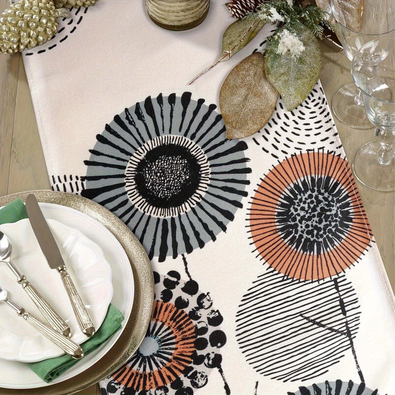 Dandelion naqshli polyester stol ustki qoplamasi, fermersk vintage uslub, 33x183 sm, oshxona, ovqatlanish, kofe stollari uchun