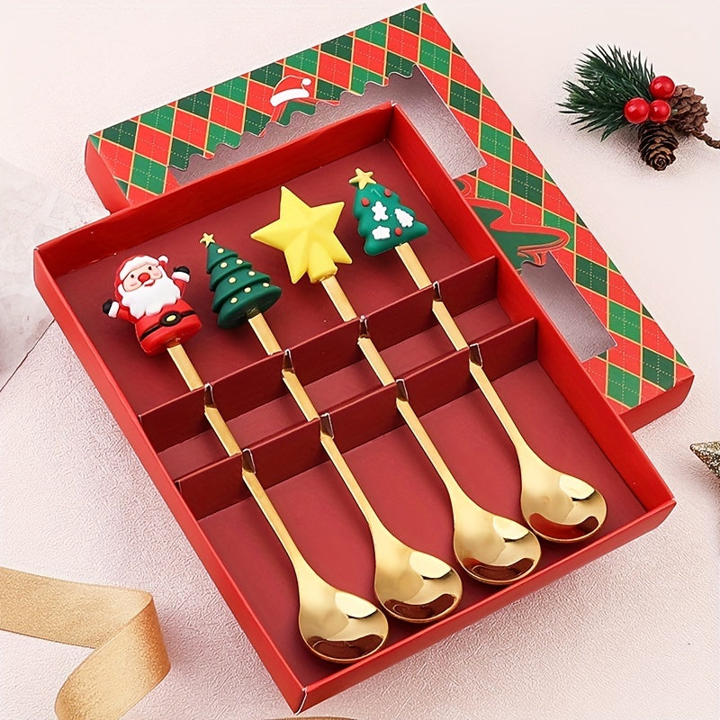 Christmas Themed Stainless Steel Cutlery Set 4 or 6 Pieces Gift Box for Desserts and Coffee