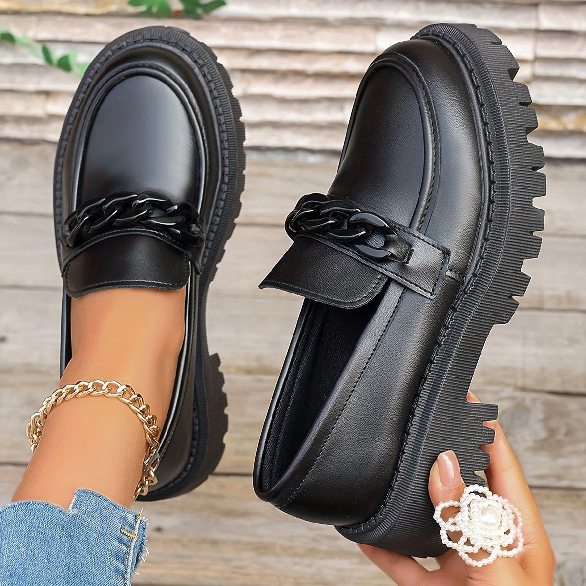 Women’s Black Loafers with Bow Slip-On Platform Casual Shoes