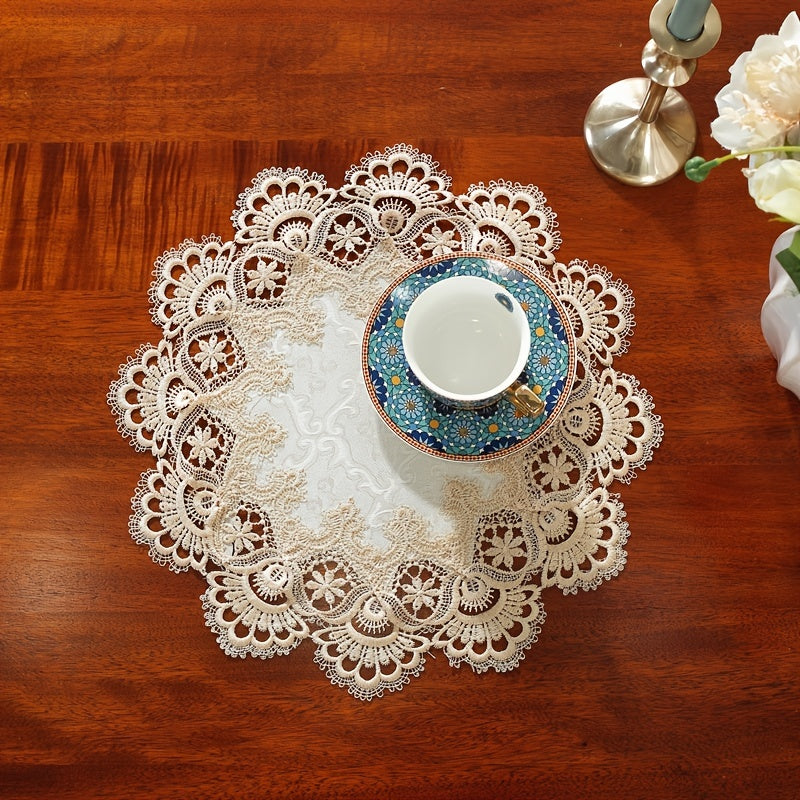 Mantel individual de encaje redondo de poliéster con bordado soluble en agua y resistente al calor para decoración del hogar y eventos