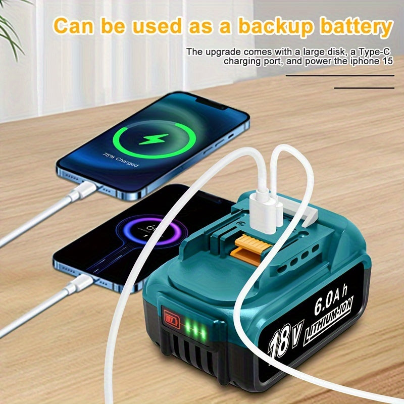 18V 6.0Ah Lithium-ion Battery with USB Type-C Charging for Makita Tools