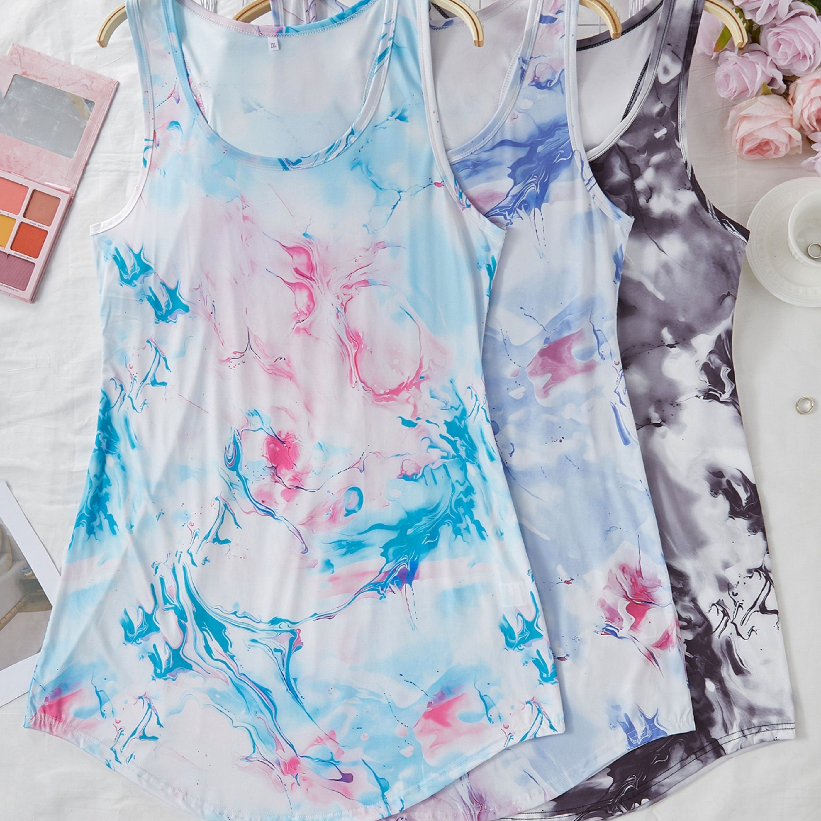 Plus Size Women's Bohemian Tie-Dye Tank Dress with Sun and Moon Floral Print