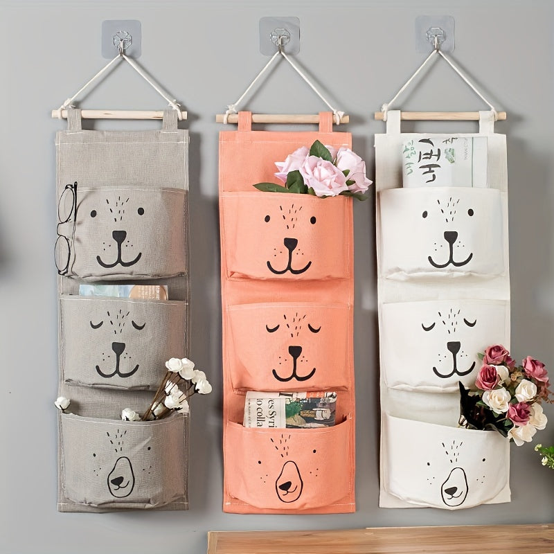 Cute Cartoon Animal Face Wall Organizer Gray Peach Multi-Pocket Storage Bag for Bedroom Bathroom