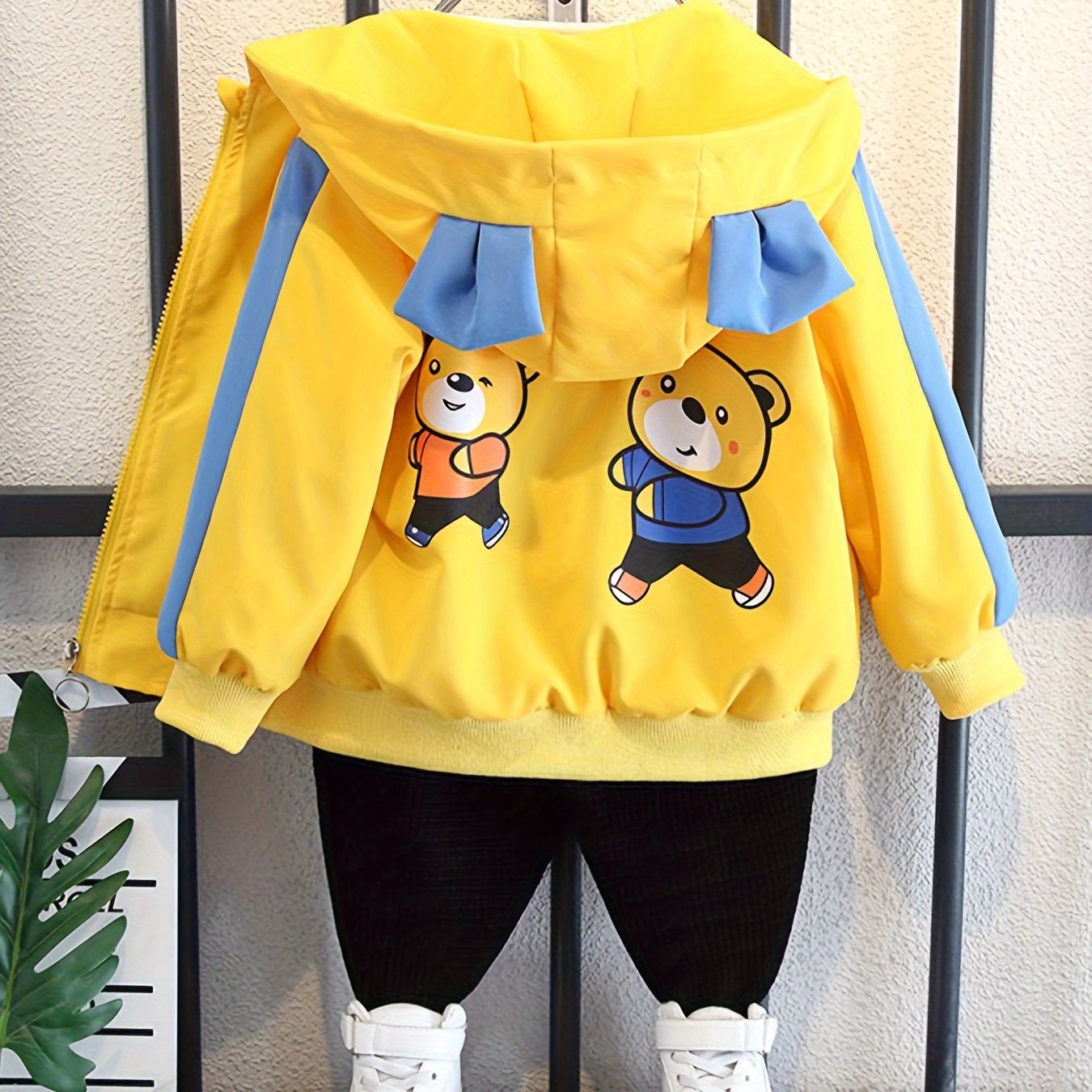Boys' Lightweight Hooded Jacket with Bear Cartoon Print Yellow Blue Trim Fall Spring Kids Outerwear