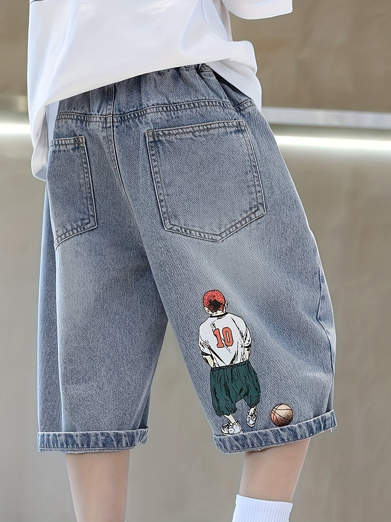 Boy's Wide Leg Cropped Jeans with Cartoon Graphics Loose Fit for All Seasons