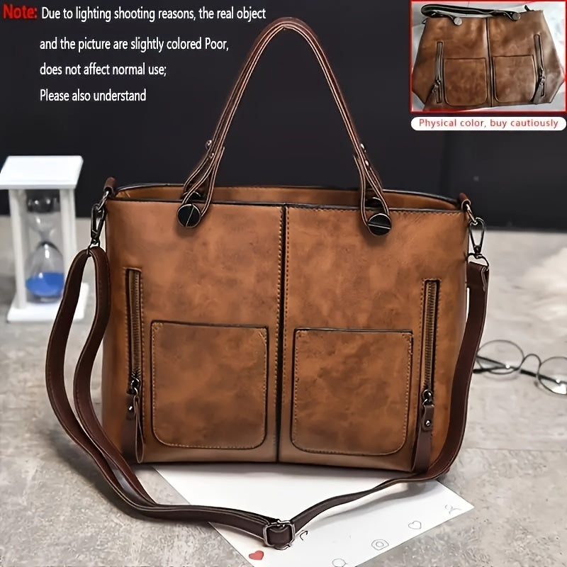 Ayollar uchun kulrang va och jigarrang rangdagi keng vintage uslubidagi xochli sumka, retro dizayni, zipper yopilishi, chetni moylash tugatishi bilan, kundalik foydalanish uchun ideal.