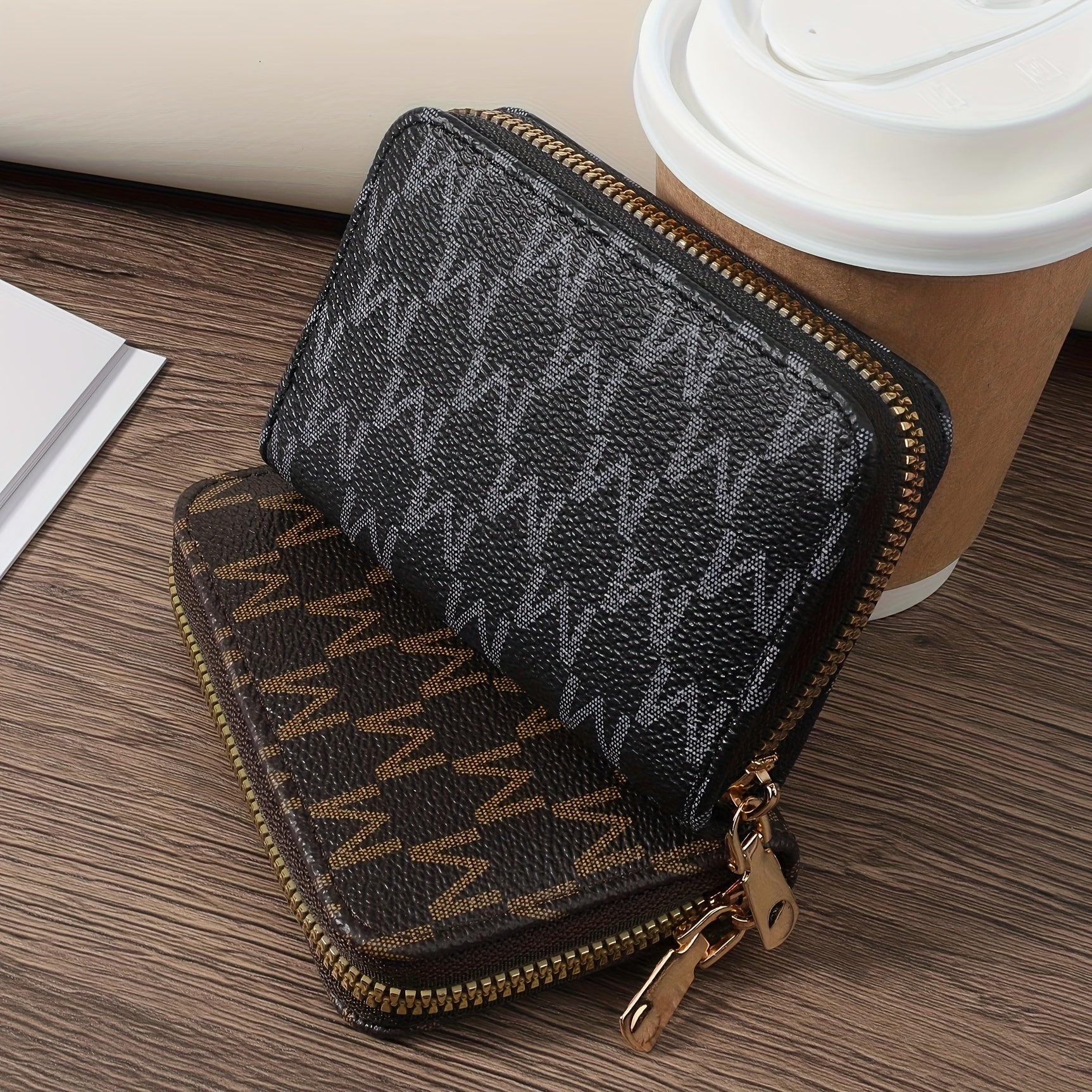 Synthetic Leather Credit Card Holder with Zipper Keys Cash Brown Black Herringbone