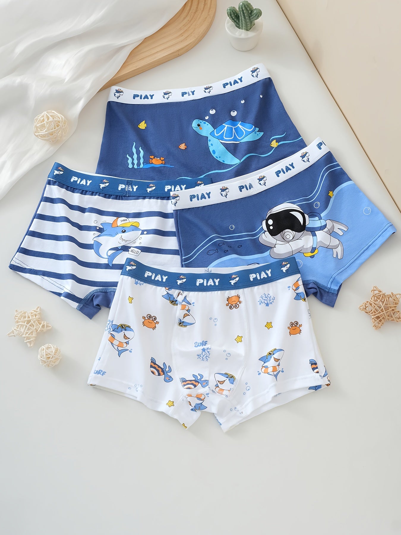Boys' 4-Pack Underwater World Cartoon Boxer Briefs Soft Breathable Cotton Fit for Over 3 Years