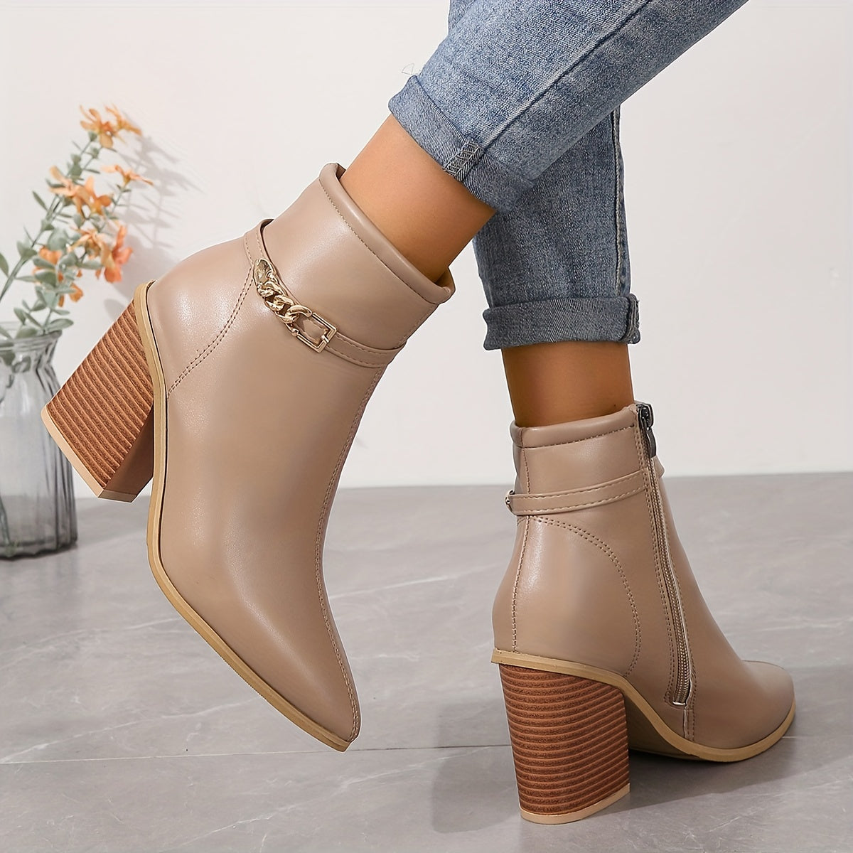 Women's Faux Leather Chelsea Ankle Boots Pointed Toe Chunky Heel