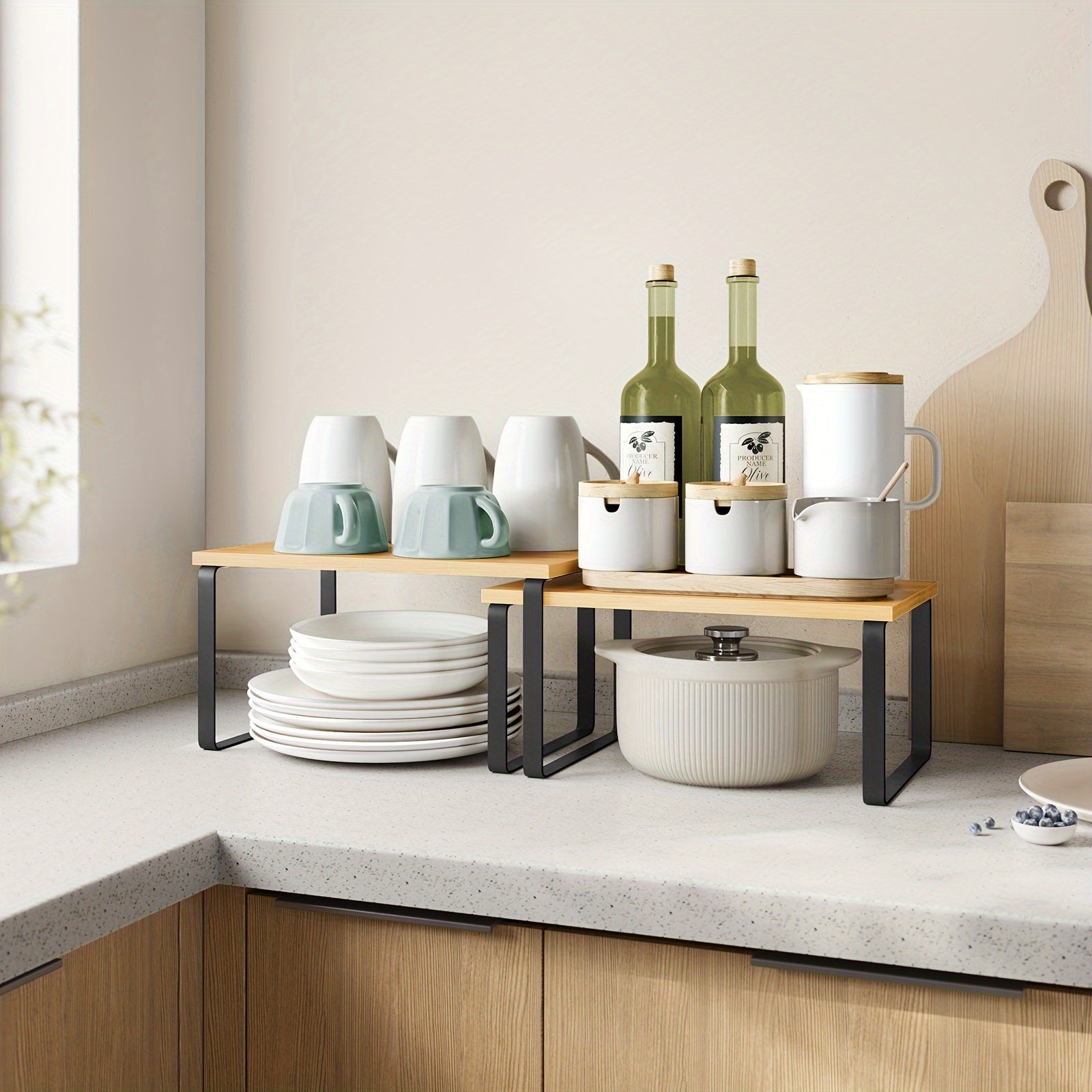 Estantes ajustables para organizador de armario de cocina, apilables, expandibles, de metal y madera, estante de esquina pulido