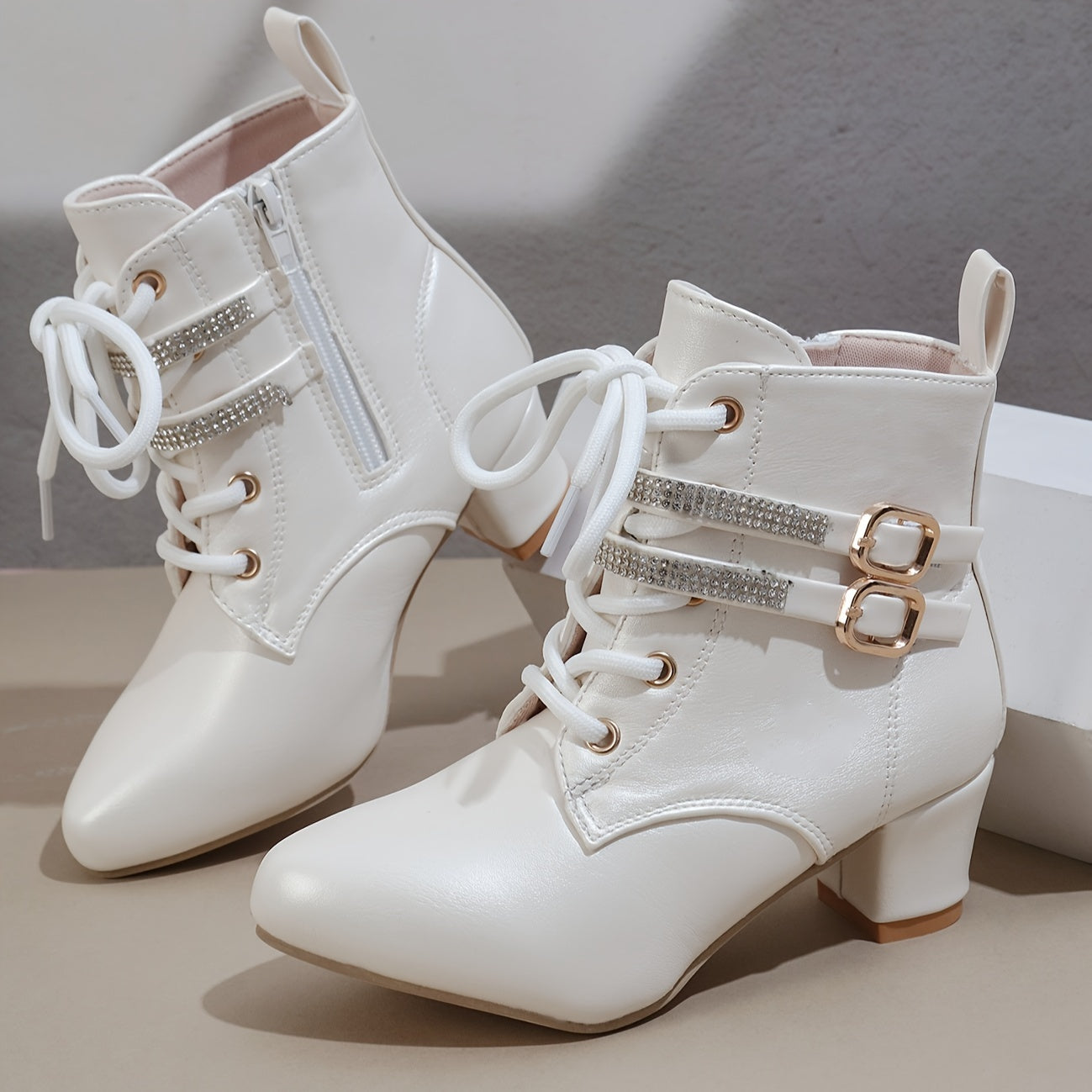 Women's White Ankle Boots with Golden Buckles Side Zipper Chunky Heel
