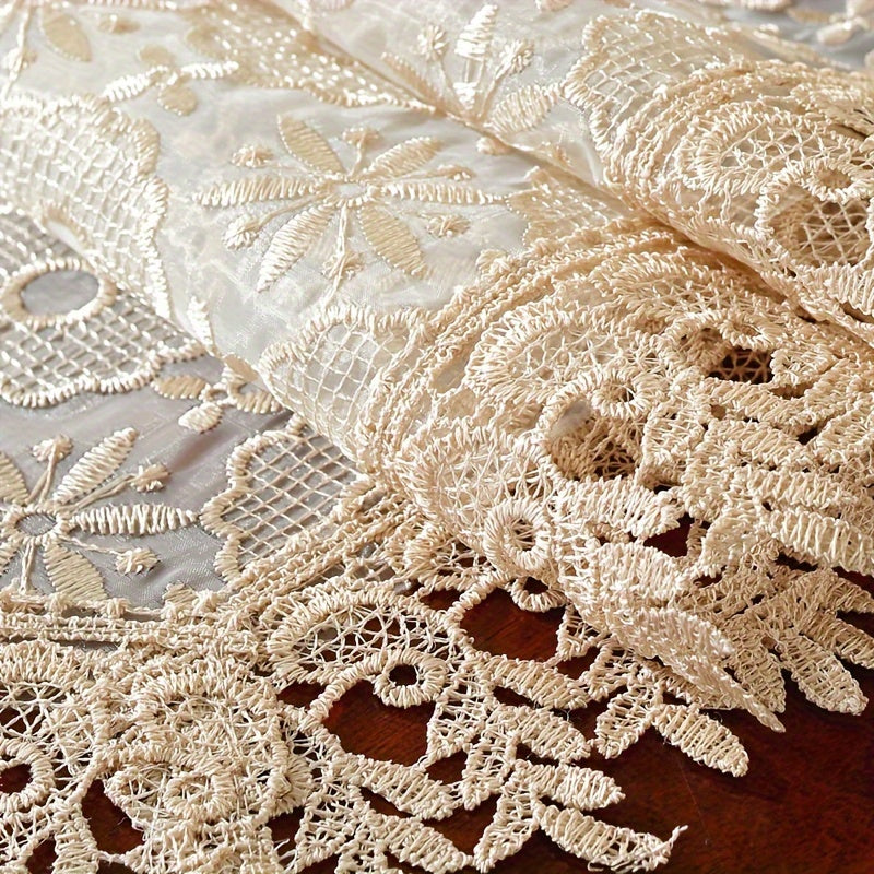 Polyester Table Runner with White Embroidery Flowers and Lace Edge for Dining or Room Decor