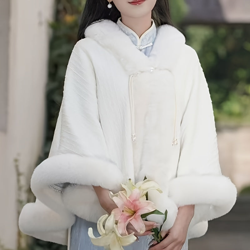 White Faux Fur Cape with Pearl Accents for Winter Elegant Shawl for Formal Occasions