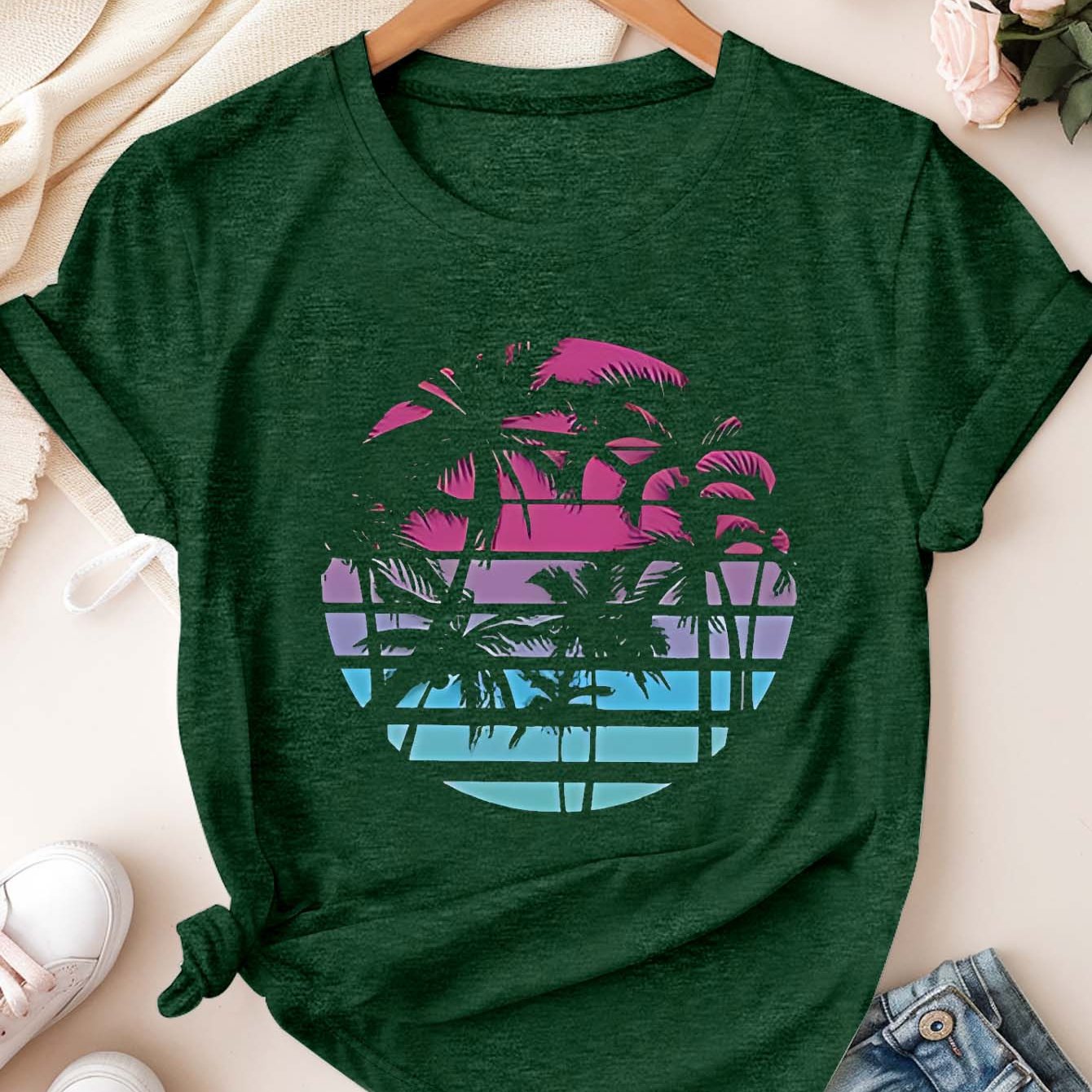 Women's Plus Size Casual T-Shirt Tropical Palm Sunset Print Short Sleeve Dark Green