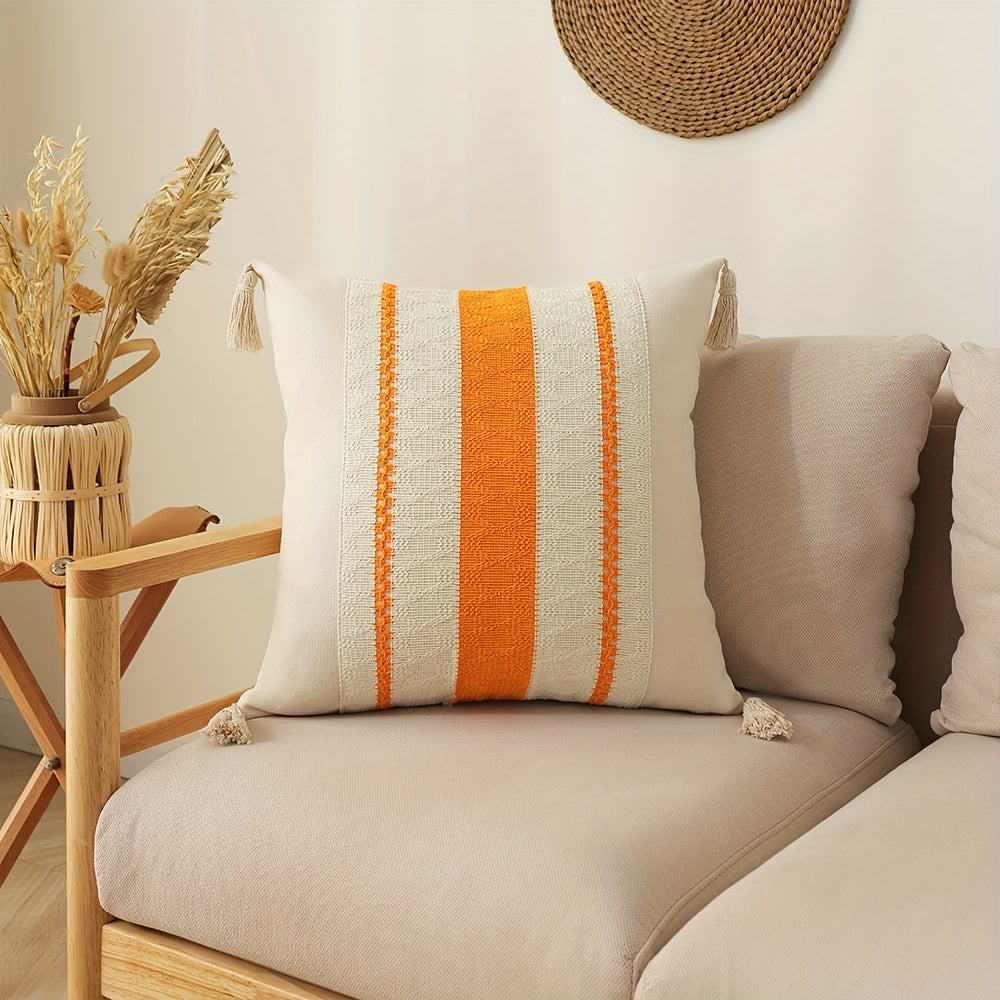 Bohemian Fringe Pillow Cover Geometric Pattern Orange Beige White Cushion Case for Sofa Decor