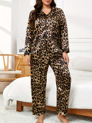 Plus o'lchamli leopard bosma uzun qo'lli ro'ba to'plami dam olish va uy kiyimlari uchun