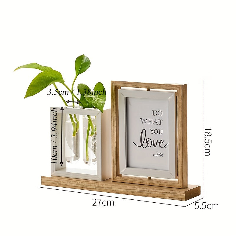 Hydroponic Plant Photo Frame with Glass Vase Wooden Desktop Decor for Living Room Study or TV Cabinet