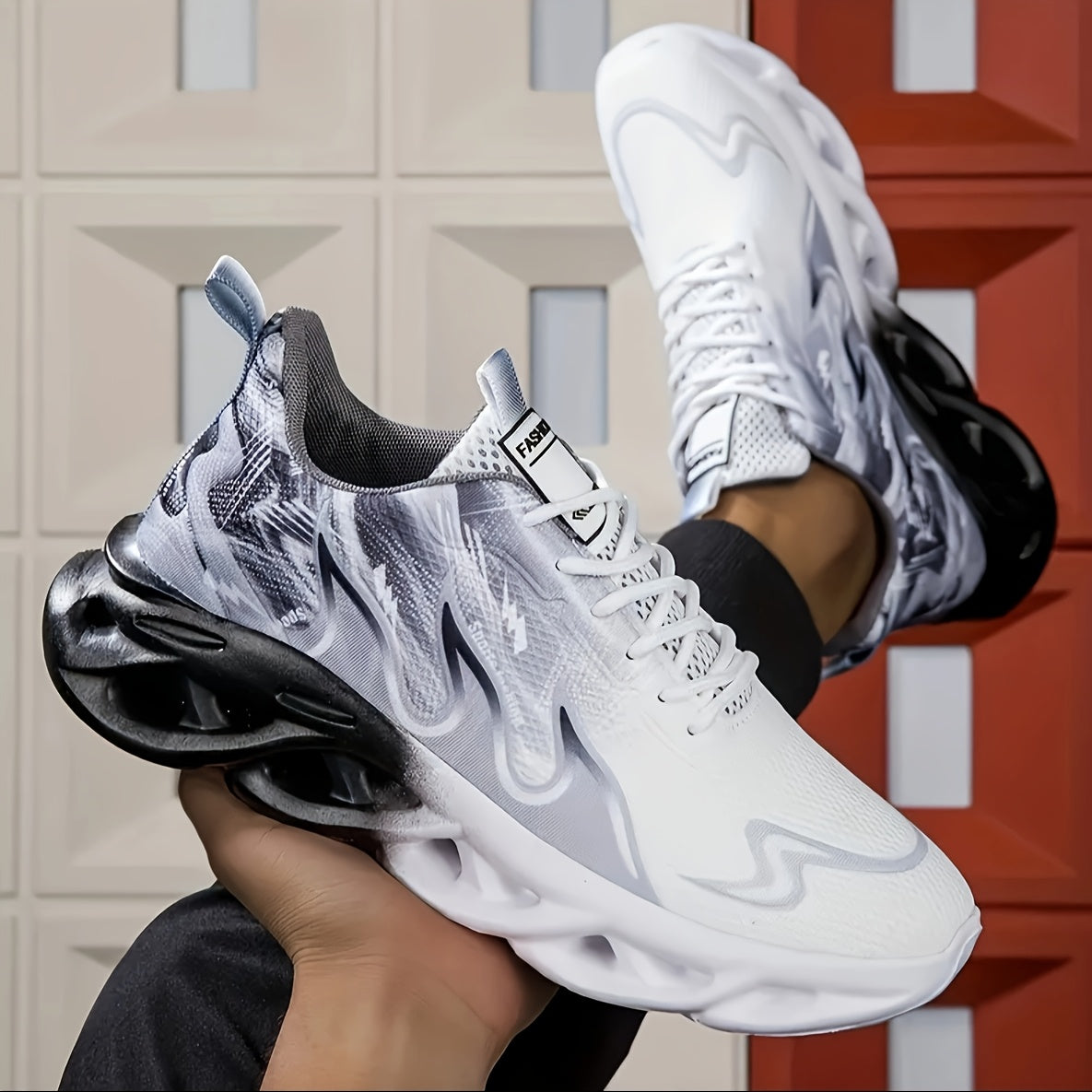 Zapatillas deportivas casuales para hombre con parte superior de punto transpirable, suela amortiguadora de impacto MD, de perfil bajo, con cordones, en gris y blanco