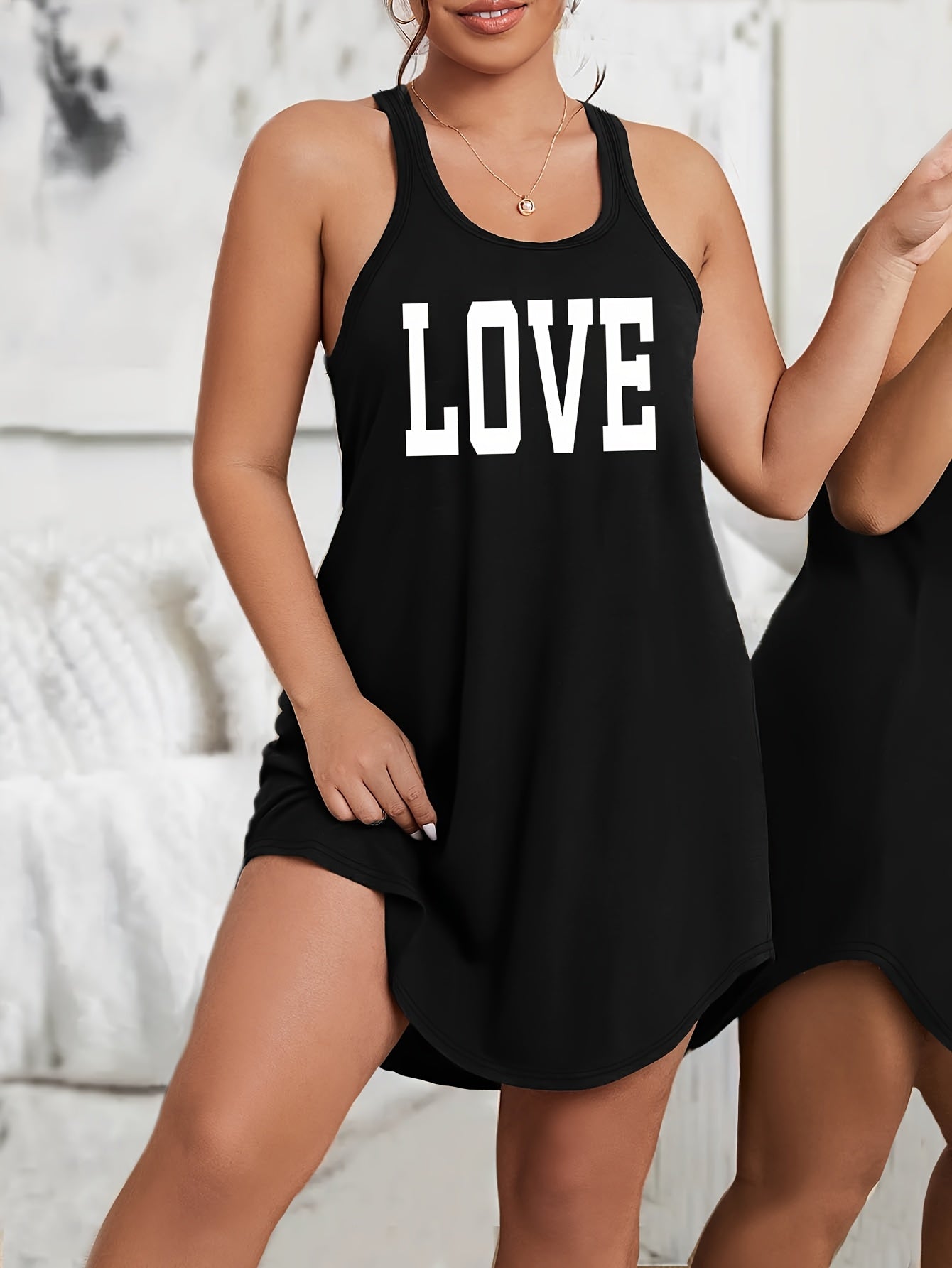 Plus Size Women's Maroon Love Letter Print Sleeveless Sleepshirt Nightgown Lounge Dress