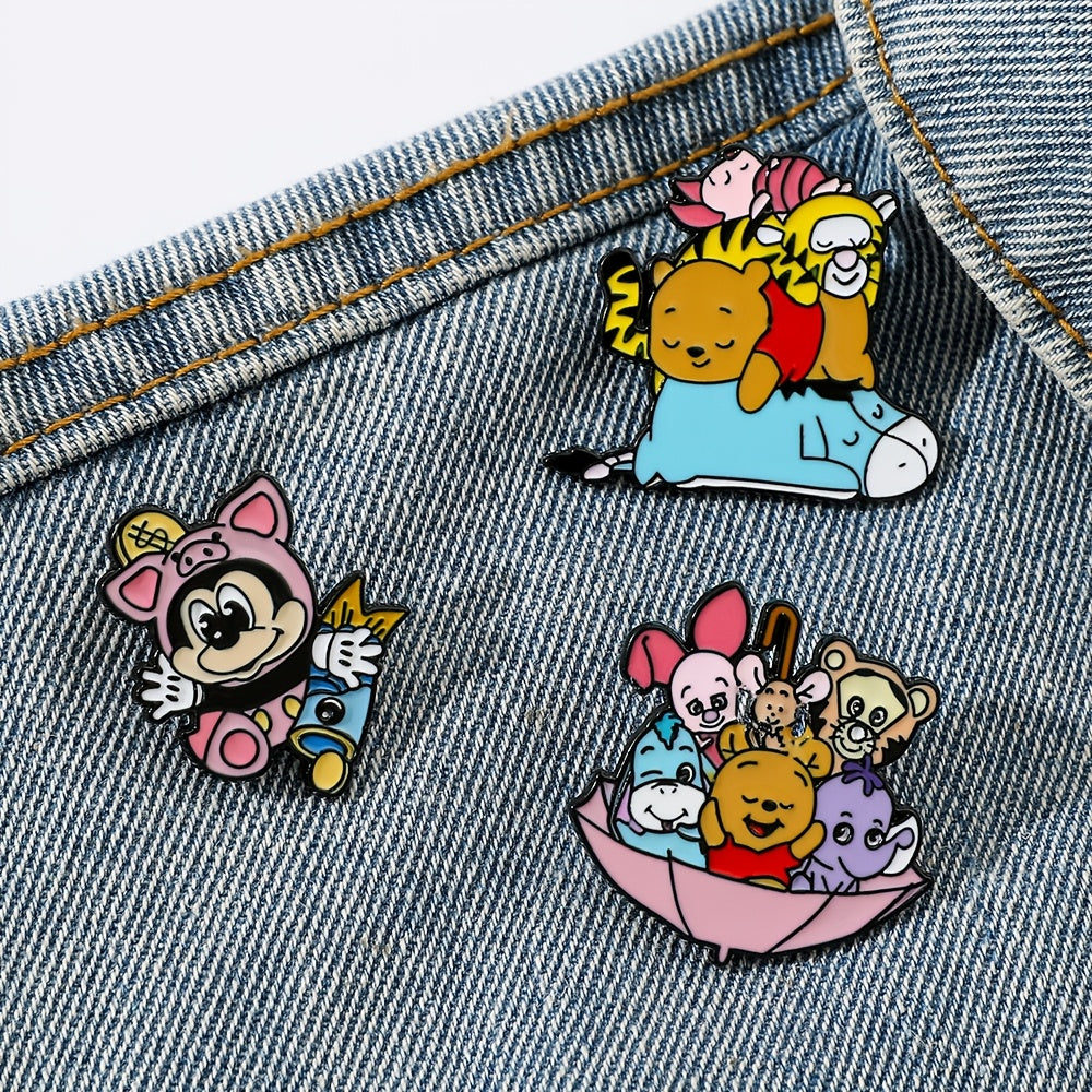 Set of 3 Cartoon Animal Enamel Brooch Pins Alloy Metal Irregular Shape for Clothing and Backpacks