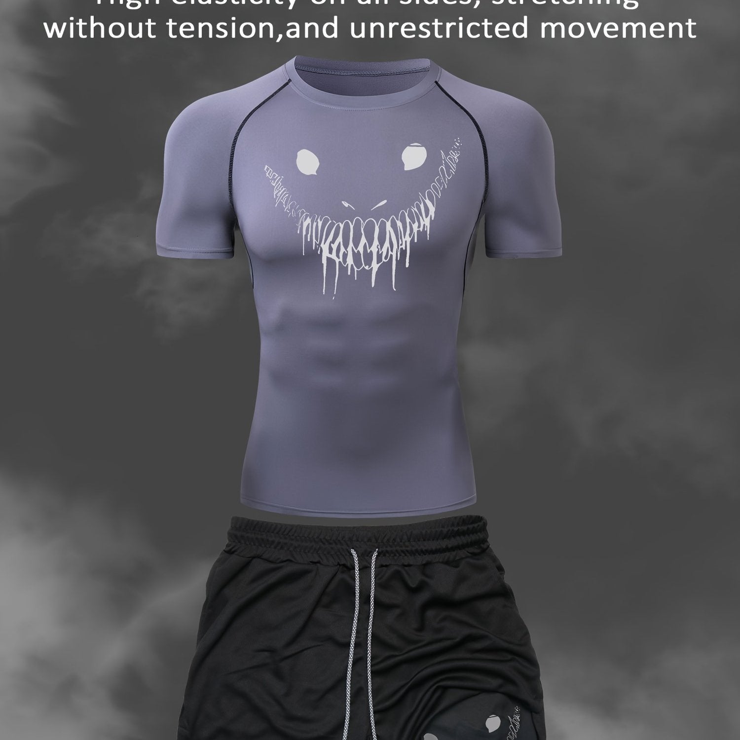 Men's Athletic Set Quick-Dry Smile Print T-Shirt and Multi-Pocket Shorts for Gym Running Outdoor