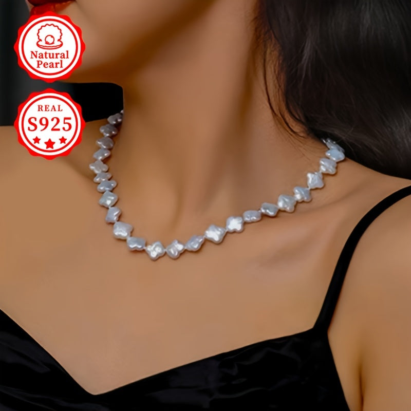 Women's Silver Necklace with Natural Freshwater Baroque Pearls 43cm Jewelry