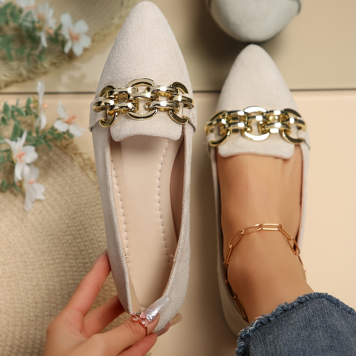 Women’s Metallic Chain Detail Pointed Toe Flats for Work and Casual