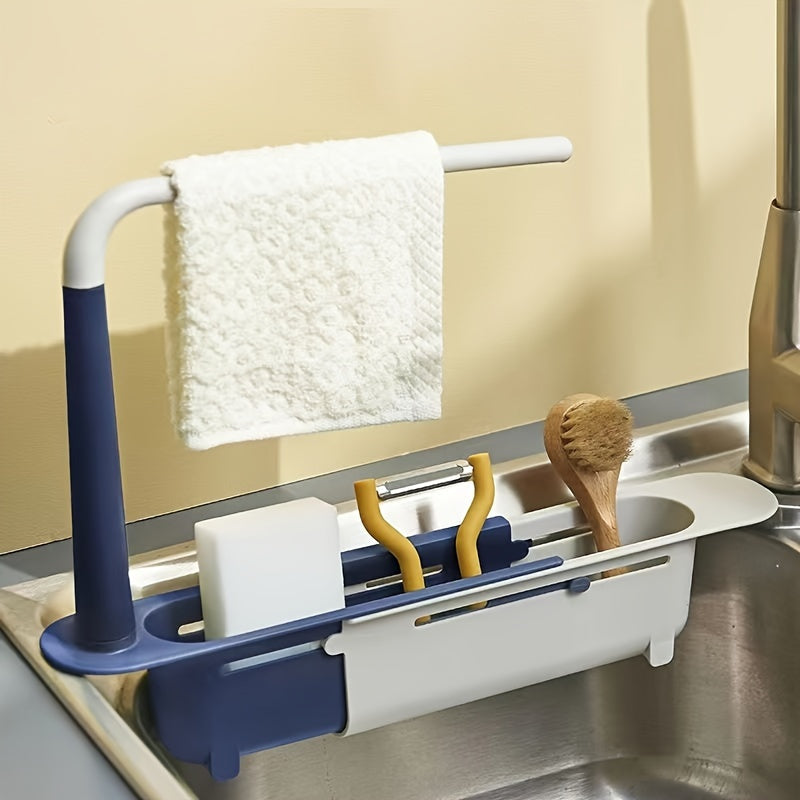 Organizador de fregadero de cocina de plástico con cesta de drenaje ajustable y soporte para paños