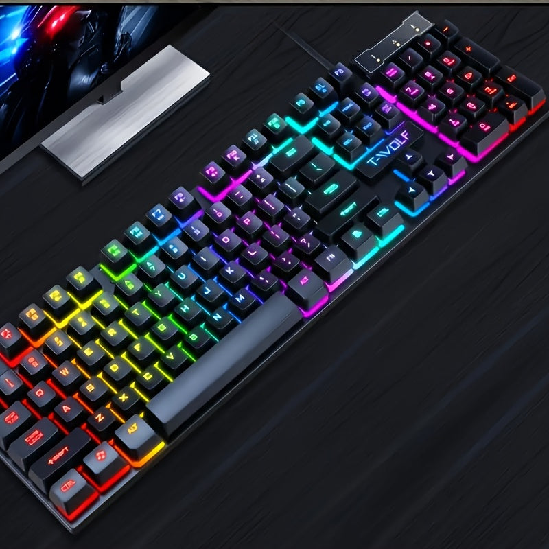 Teclado mecánico para juegos con cable, retroiluminado, ergonómico, negro, con LED para oficina y juegos