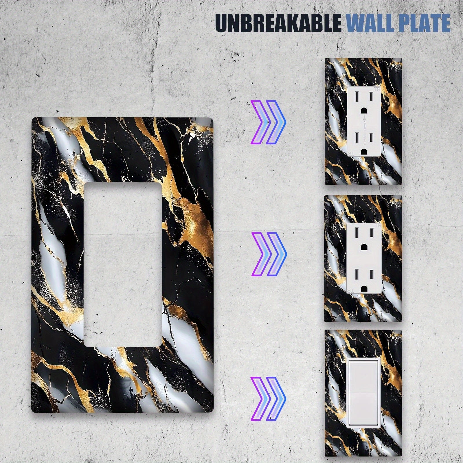 Cubierta de interruptor de luz con estampado de mármol negro y oro para placas de pared de cocina o dormitorio