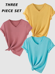 Short Sleeve V-Neck T-Shirt Set for Women Solid Color Rayon Casual Regular Fit