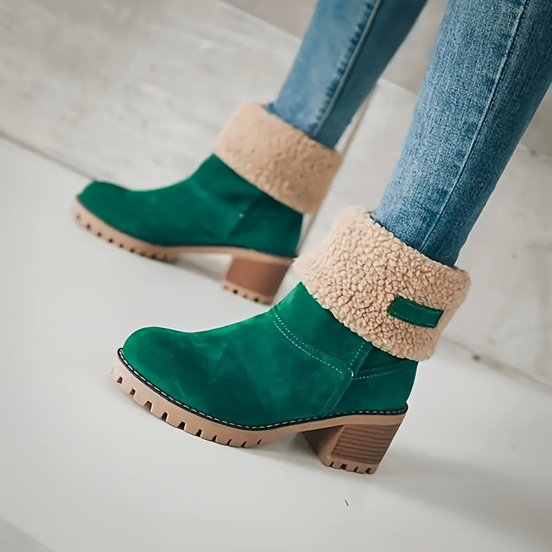Women's Solid Color Mid Heel Ankle Boots with Faux Fur Trim Slip-On Platform Shoes