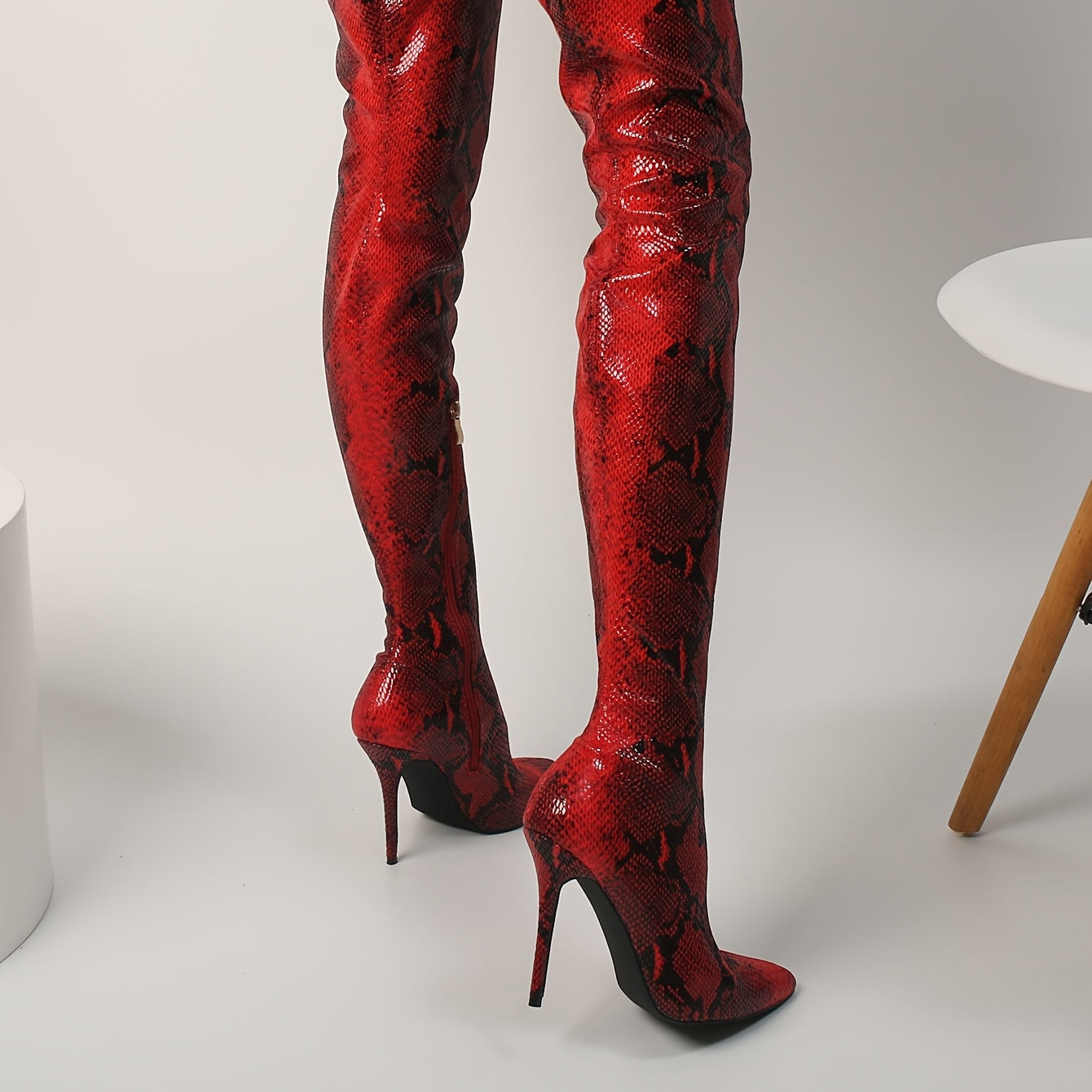 Women's Snakeskin Pattern Over The Knee Stiletto Boots with Side Zipper