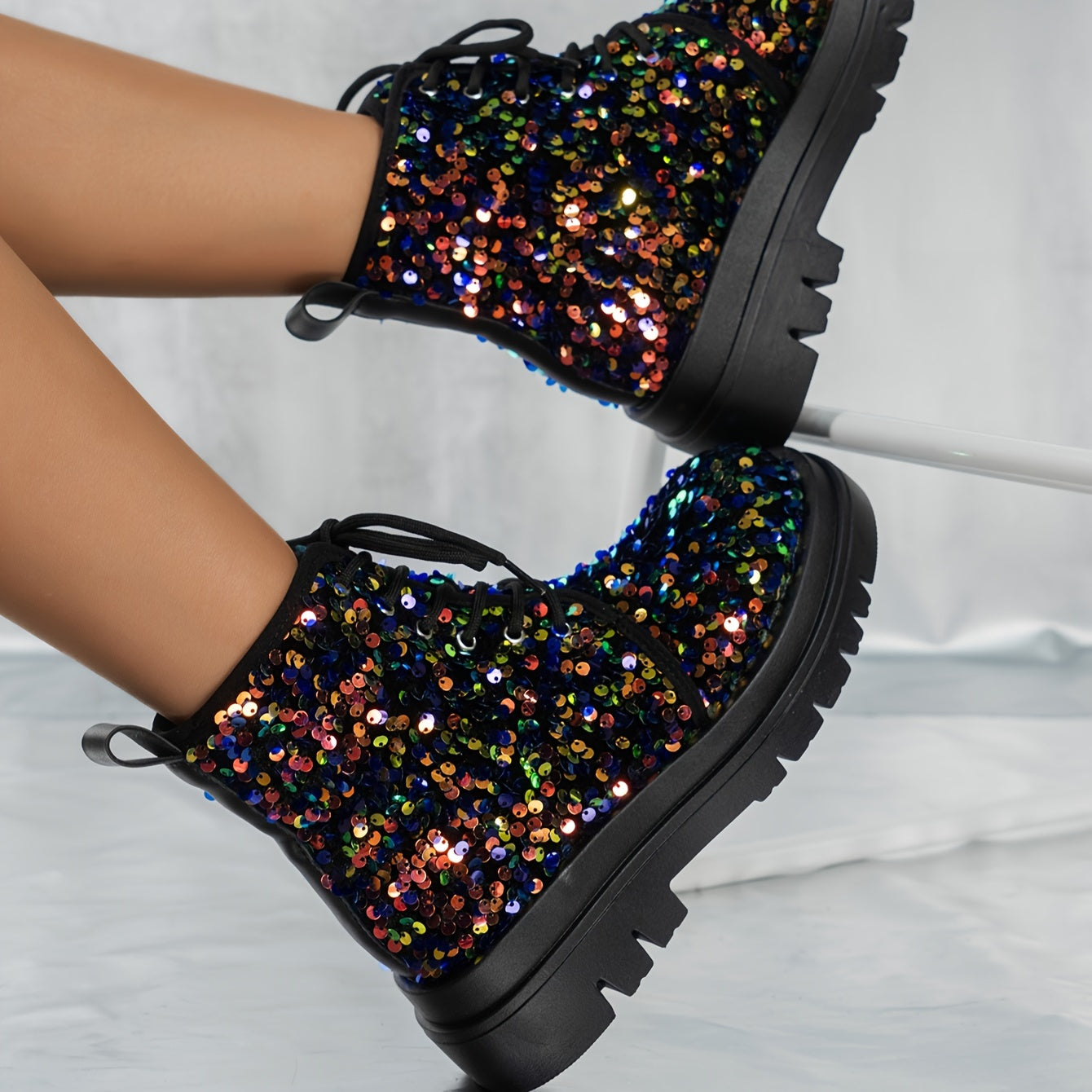 Women's Glittery Lace-Up Ankle Boots with Rubber Sole, Casual, Dressy