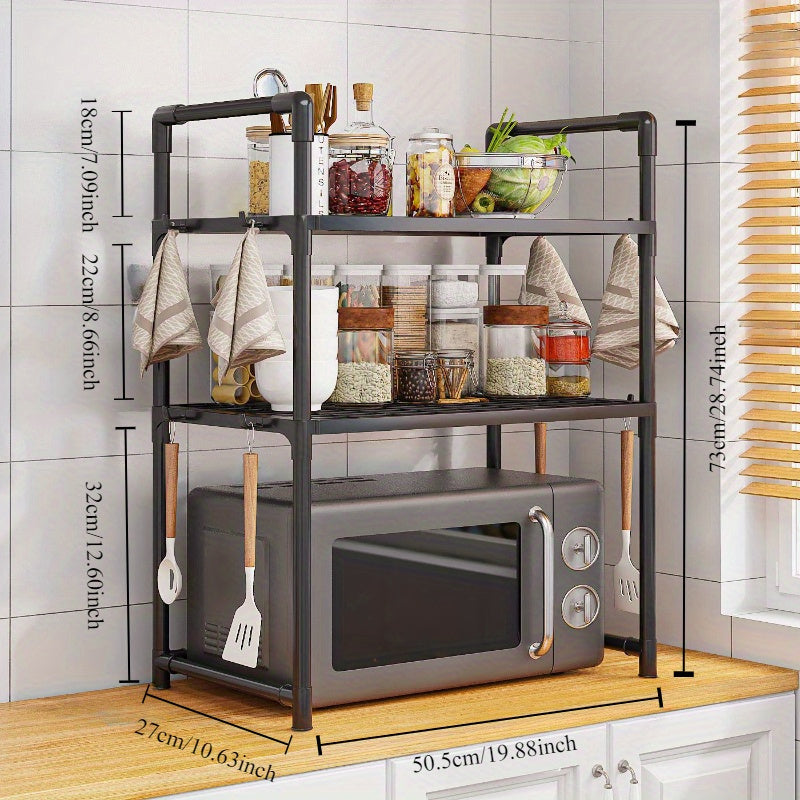 Two-Tier Microwave Oven Rack with Hooks Plastic Kitchen Organizer for Condiments