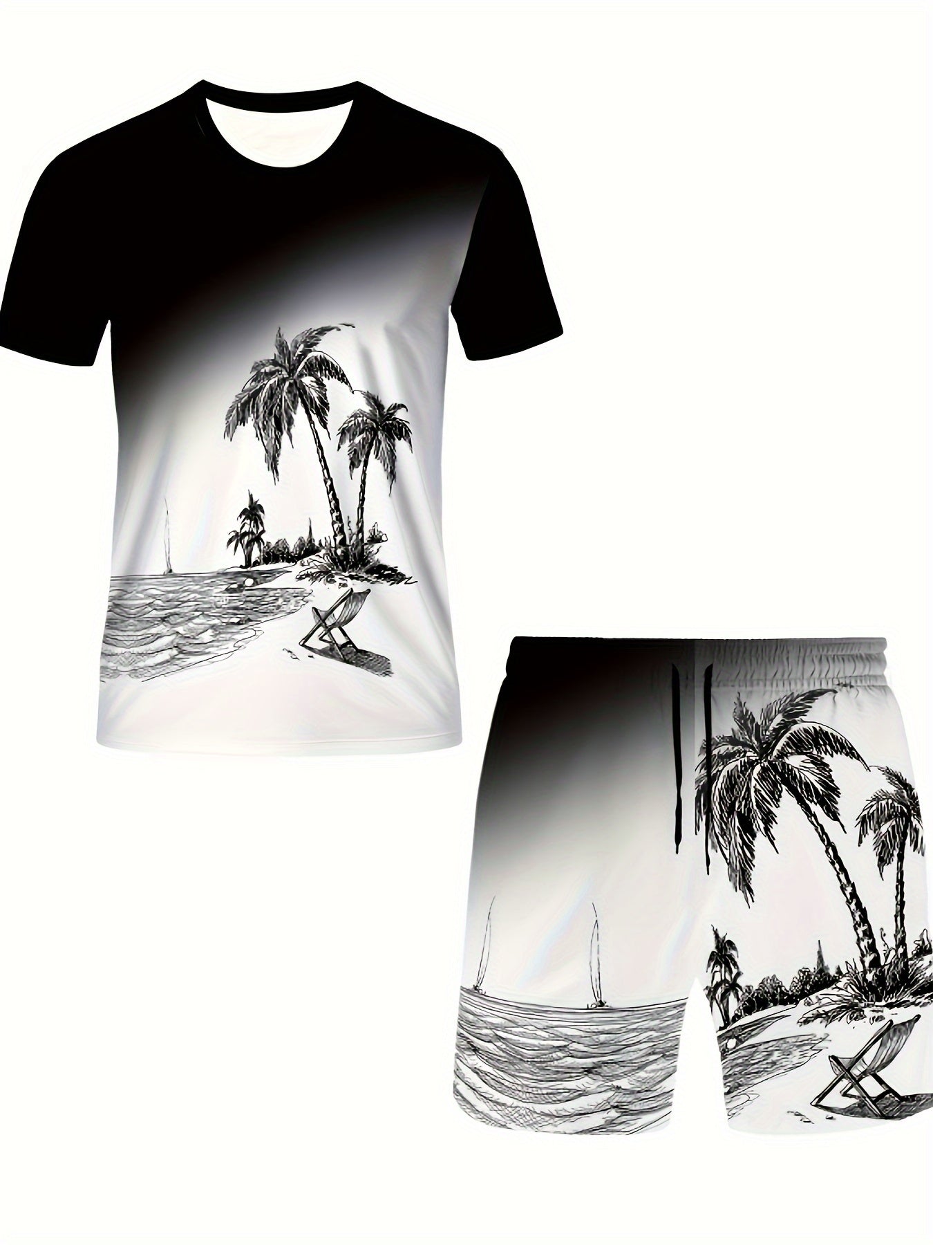 Tropical Beach Sunset Lounge Set with 3D Palm Tree Print Short Sleeve Crew Neck Tee and Drawstring Shorts for Women