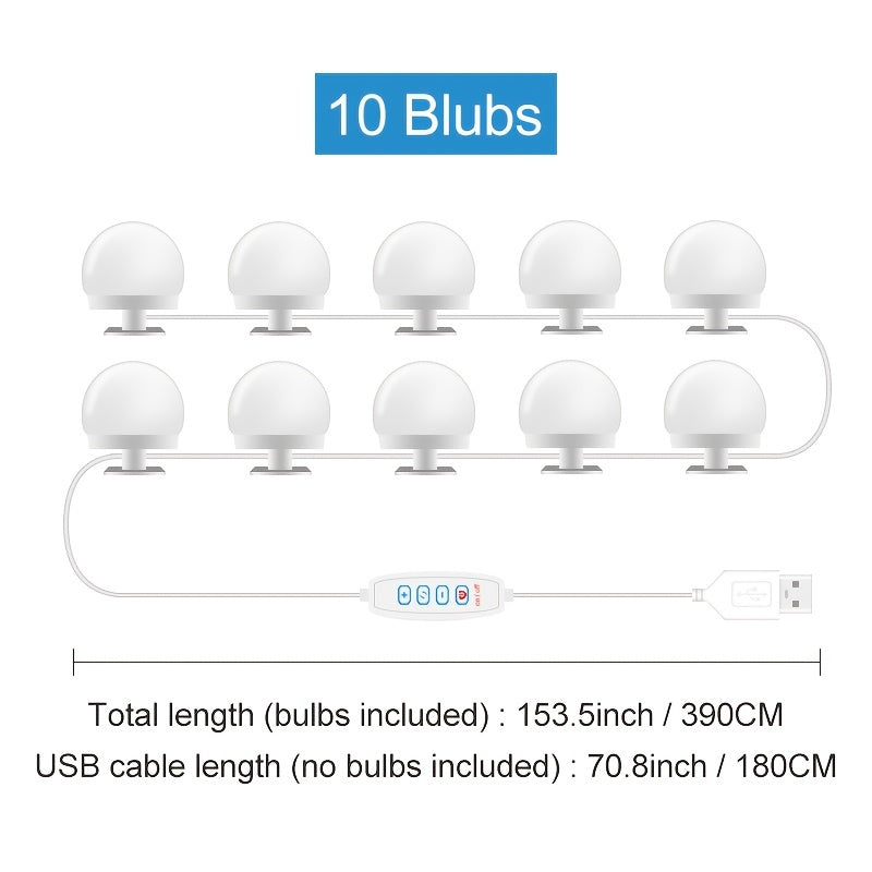 Светодиодная лента для зеркал для макияжа, 10 уровней яркости, 3 цветовых режима, USB, настенное крепление